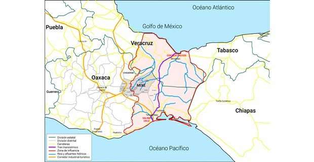 Mapa general del corredor interoceánico del Istmo de Tehuantepec sobre los territorios del Distrito Mixe, en Oaxaca. Proporcionado por la autora.