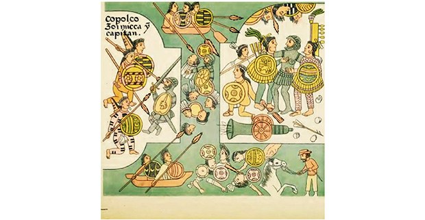 De un lado, Cortés ha caído de su caballo y es asaltado por tres guerreros mexicas. En el agua se libra una batalla feroz. Del otro lado se ve un cañó n disparando y a Cortés desarmado lo salvan dos guerreros tlaxcaltecas a quienes abraza. Lienzo de Tlaxcala, Lámina 47. Publicado por Alfredo Chavero, México, 1892. (recogido en 500 años de la batalla por México-Tenochtitlan, de Enrique Semo)