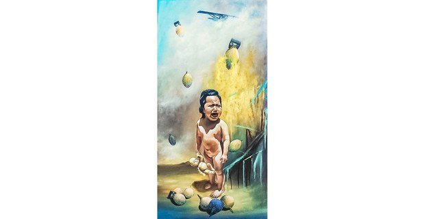 Lienzos sobre tela de la serie Destino y suerte, del pintor tsotsil Raymundo López, 2017. Cortesía: Galería Muy, San Cristóbal de Las Casas, Chiapas.