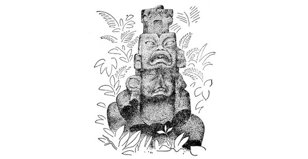 Gigantesca estatua de piedra al borde del cráter del volcán San Martín Pajapan. Dibujo de Miguel Covarrubias: El sur de México, 1946