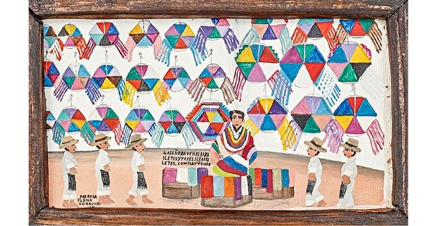 “La señora vende barriletes y papel de barriletes”. Pintura de Rosa Elena Curruchich