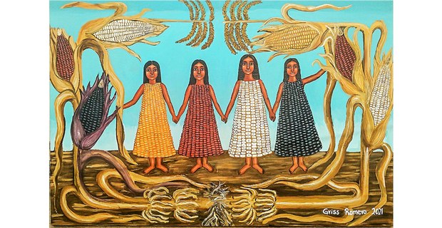 Centeotzin: Doncellas del maíz. Pintura de Griss Romero