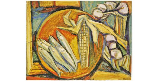 Alfredo Zalce, Bodegón maíz y pescado, 1966, acuarela
