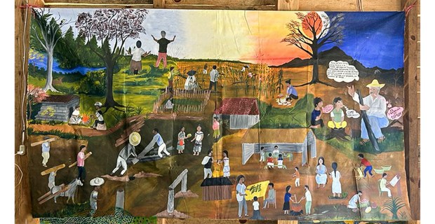 Pintura zapatista sobre lienzo para el Encuentro Rebel y Revel Arte, abril de 2025. Foto: Enlace Zapatista